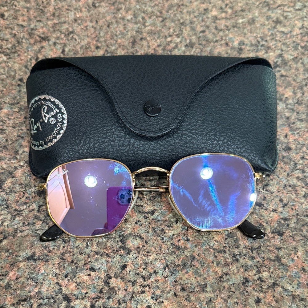 Ray-Ban Gold Hexagonal Sunglasses with Blue Lenses